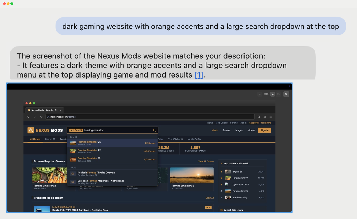 Screenshot AI matching a design reference: dark gaming website with orange accents and a large search dropdown