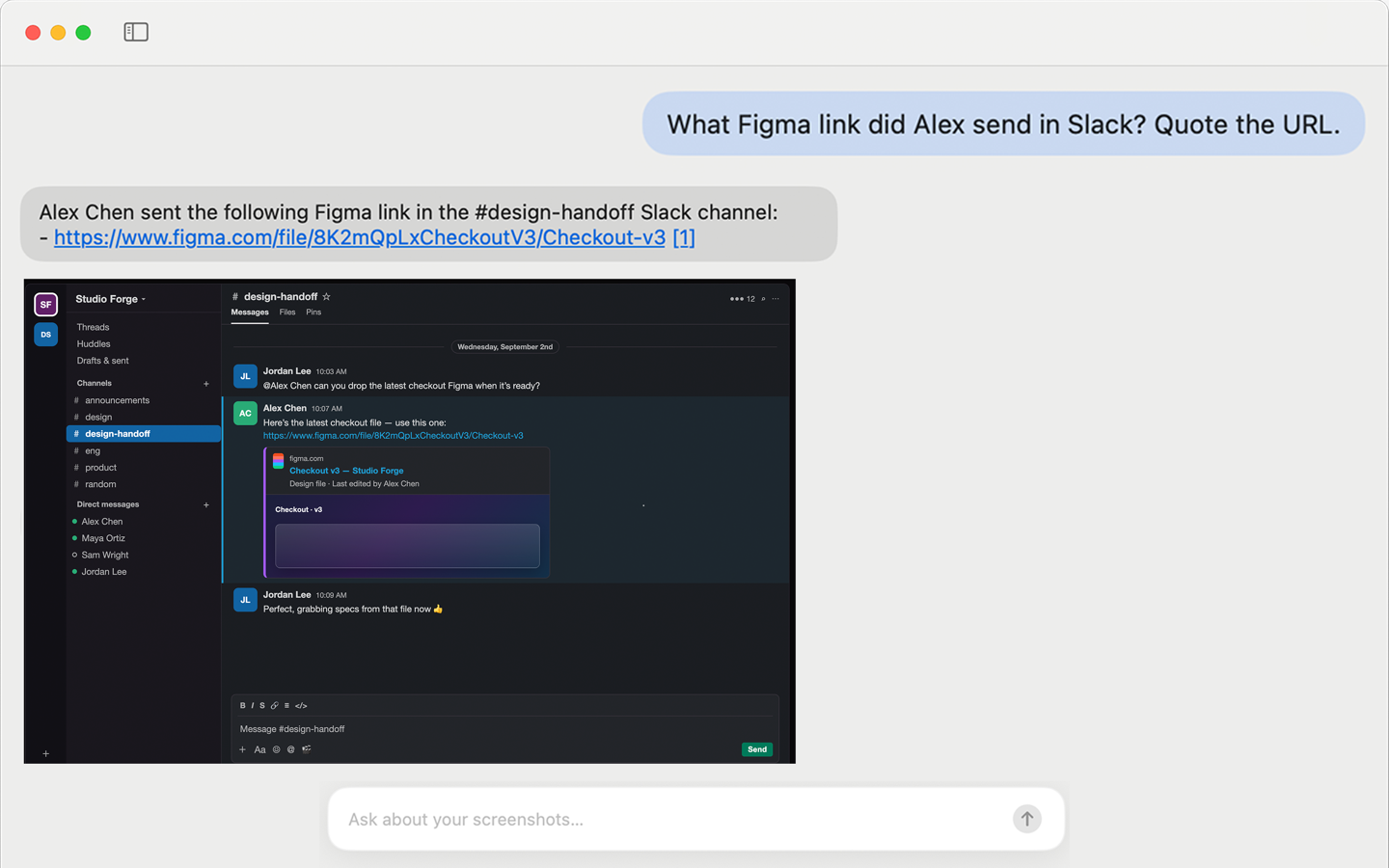 Screenshot AI chat returning a cited screenshot as proof