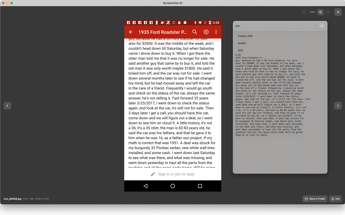 Screenshot AI Info panel with OCR text extracted from a phone screenshot